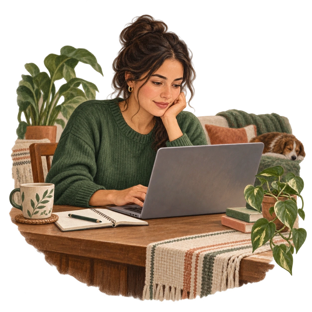 Mujer consultando información en su computador y tomando notas.