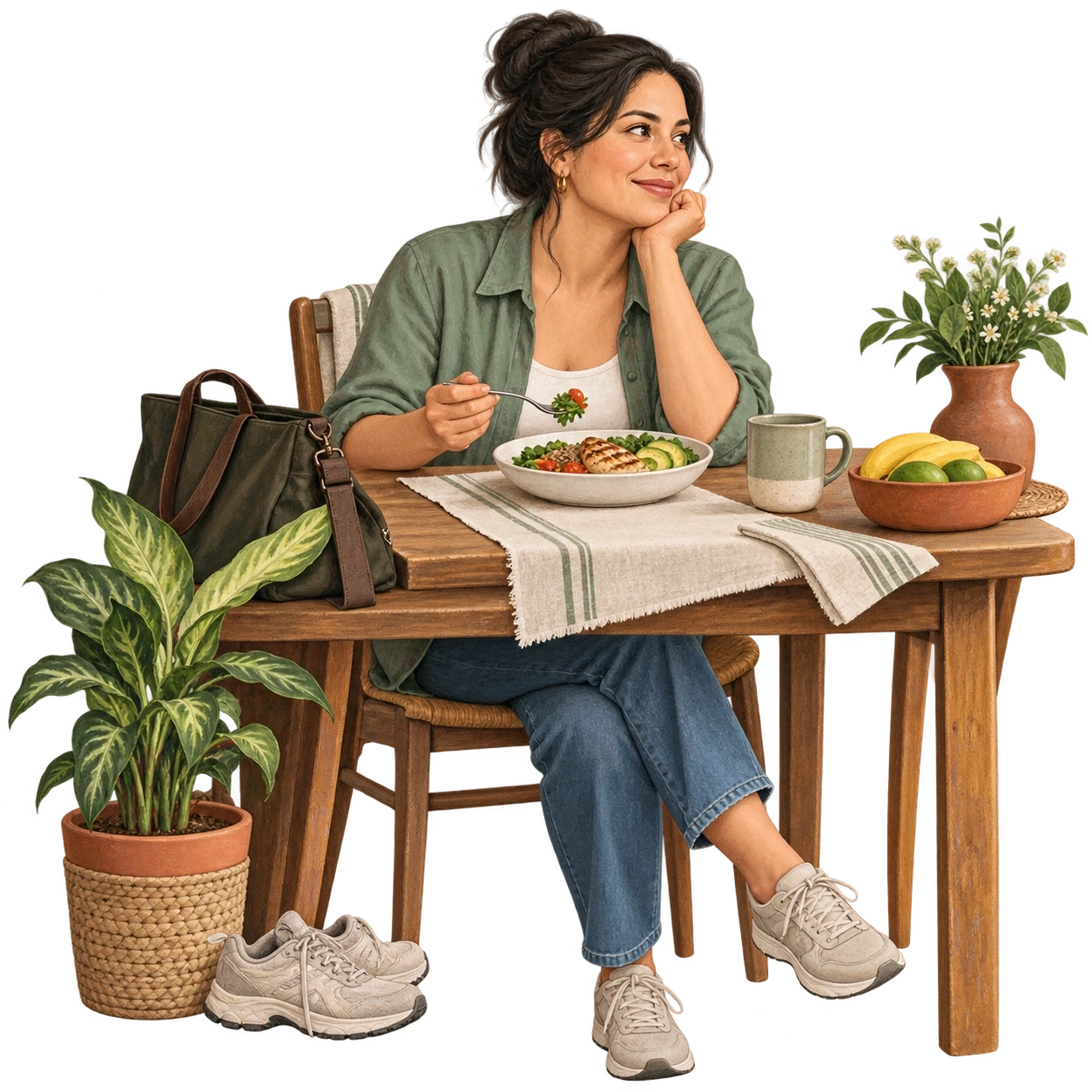 Mujer en casa junto a una comida, su bolso y unos zapatos para caminar.