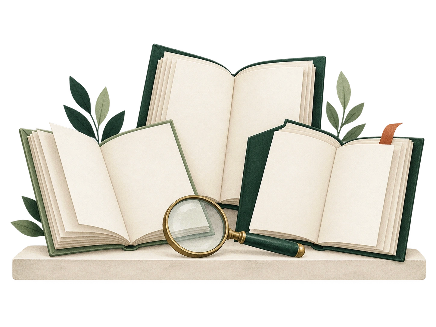 Tres libros diferentes abiertos junto a una lupa, como metáfora de una comparación cuidadosa.