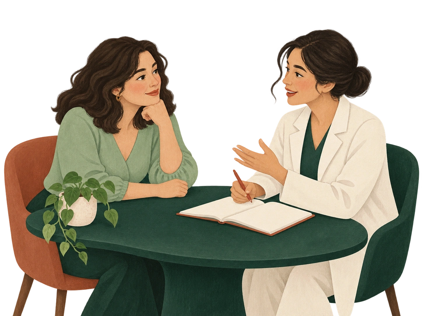 Escena ilustrada de una conversación entre una persona y una profesional, con un cuaderno abierto.