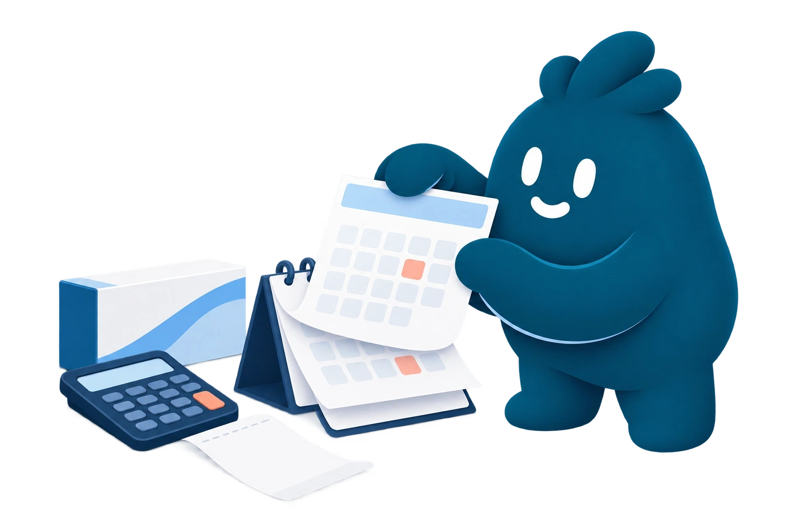 La mascota sostiene un calendario junto a una calculadora y una caja genérica de medicamento.
