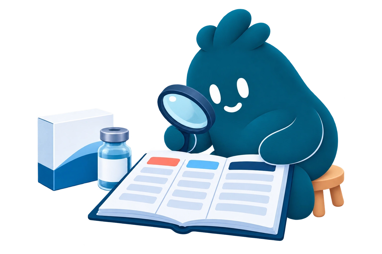 La mascota revisa un libro con columnas de comparación junto a un vial y una caja genéricos.