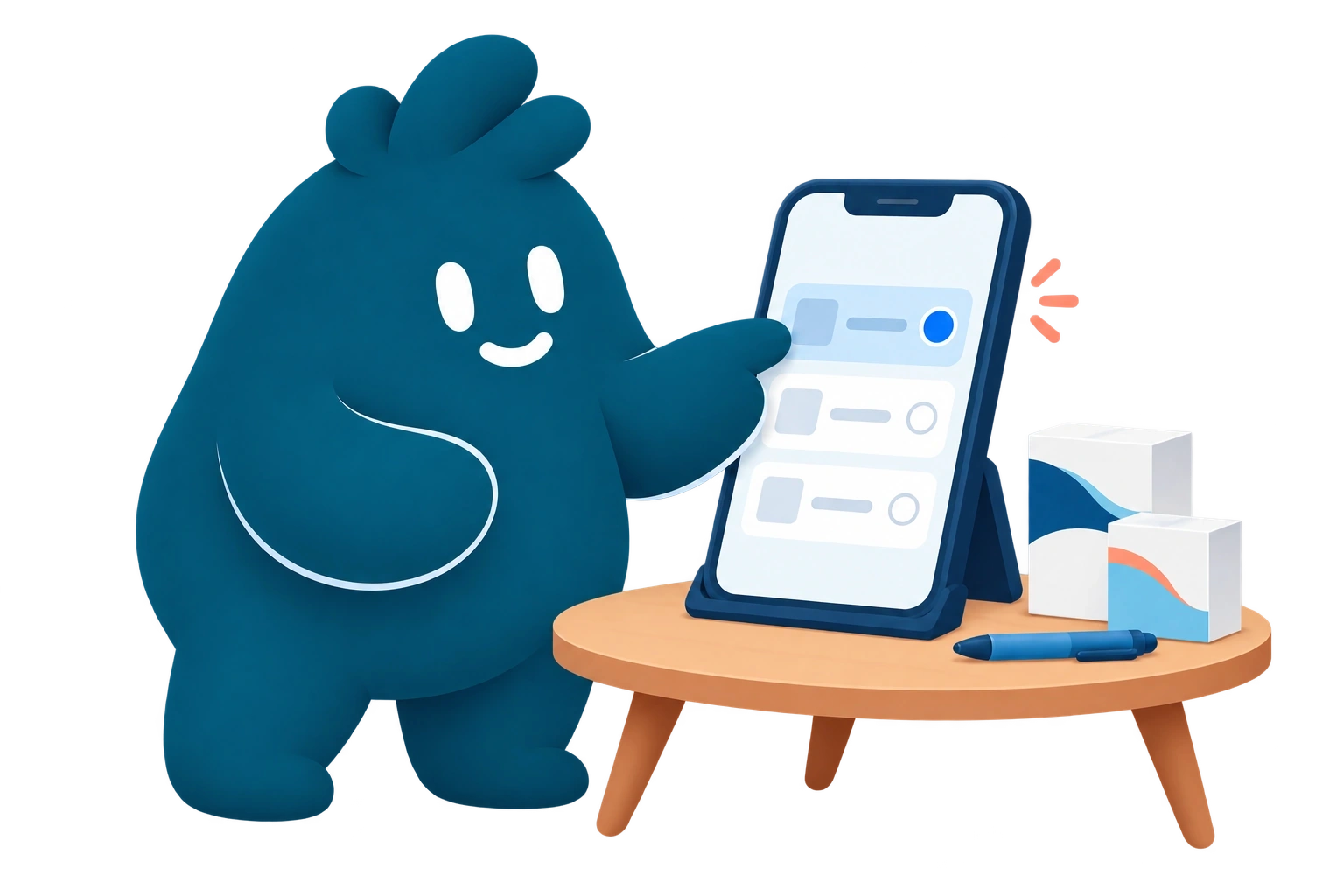 La mascota toca las opciones de un teléfono junto a cajas genéricas y una pluma cerrada.