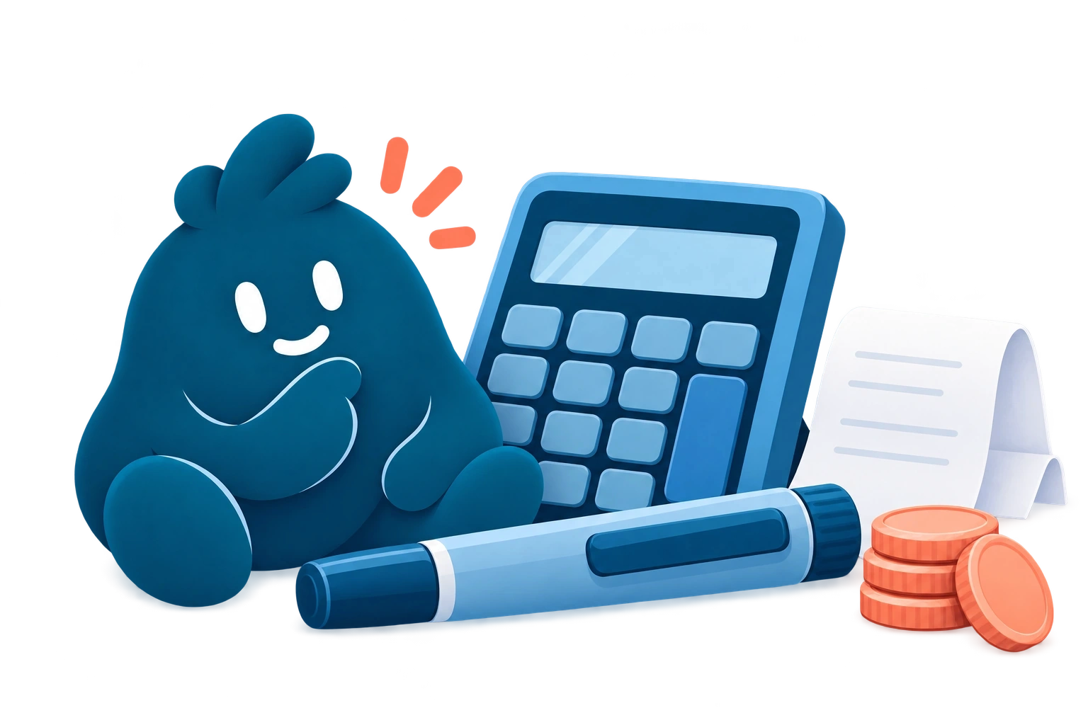 La mascota de Med Peso revisa una calculadora y un recibo junto a una pluma genérica de medicamento.