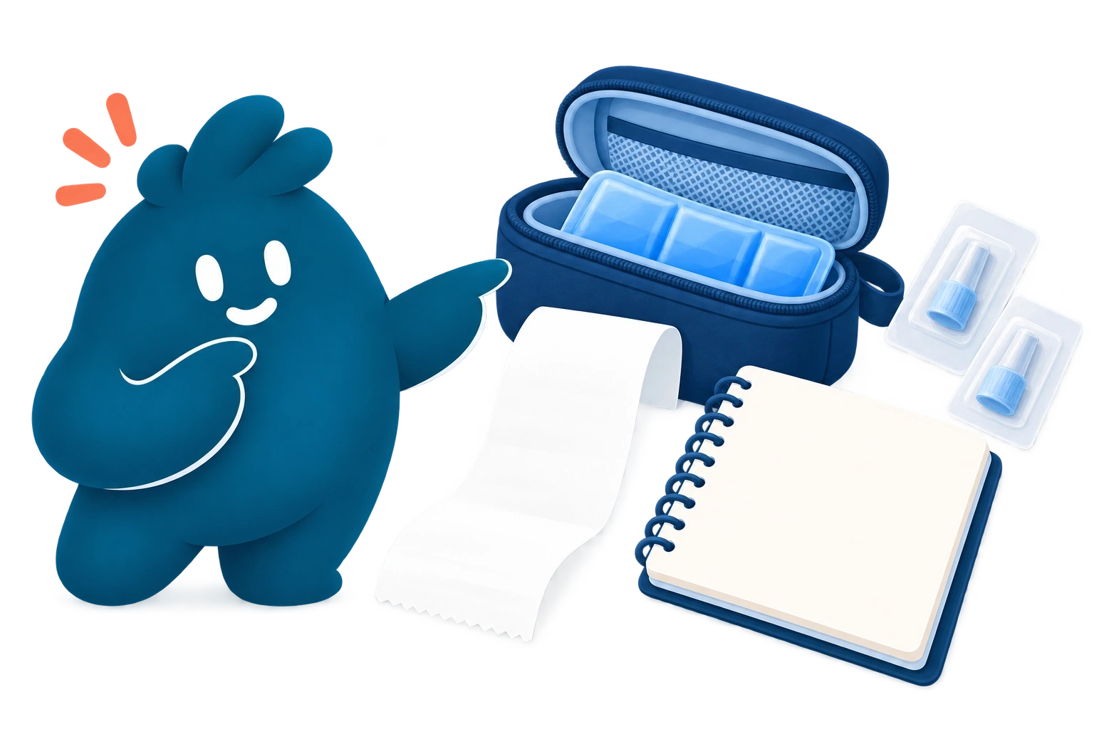 La mascota señala una bolsa térmica con acumuladores de frío, insumos empacados, un cuaderno y un recibo.