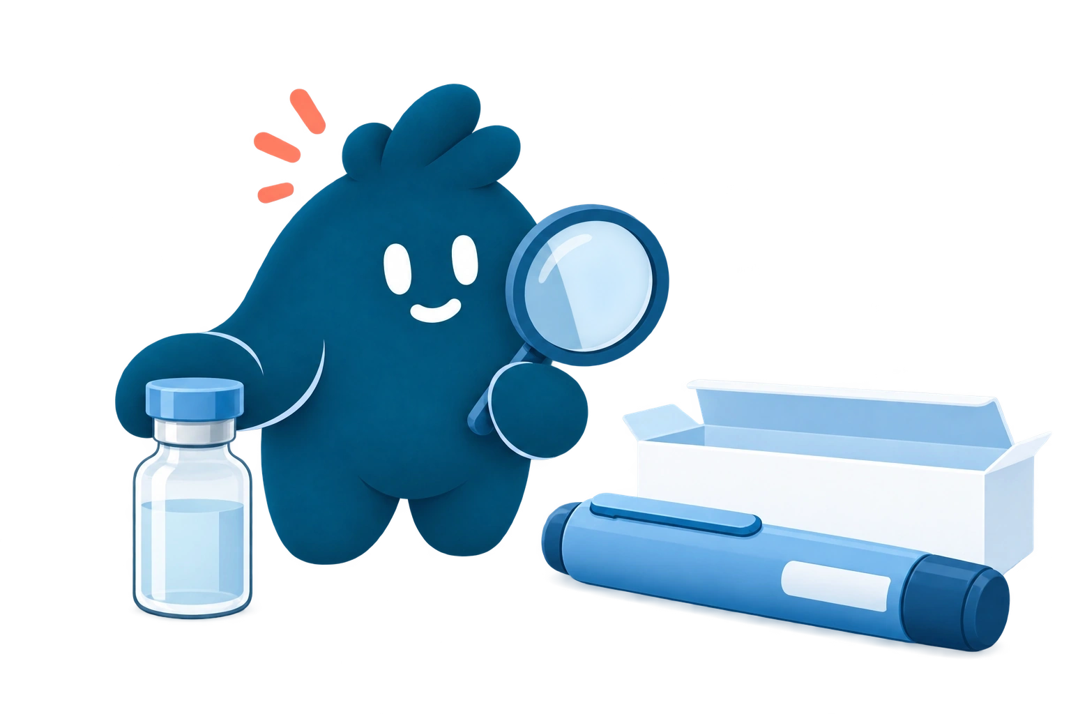 La mascota mira con una lupa un vial individual y una pluma junto a su caja abierta.