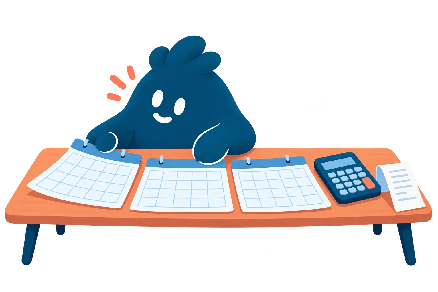La mascota organiza tres calendarios sin fechas junto a una calculadora y un recibo sobre una mesa larga.