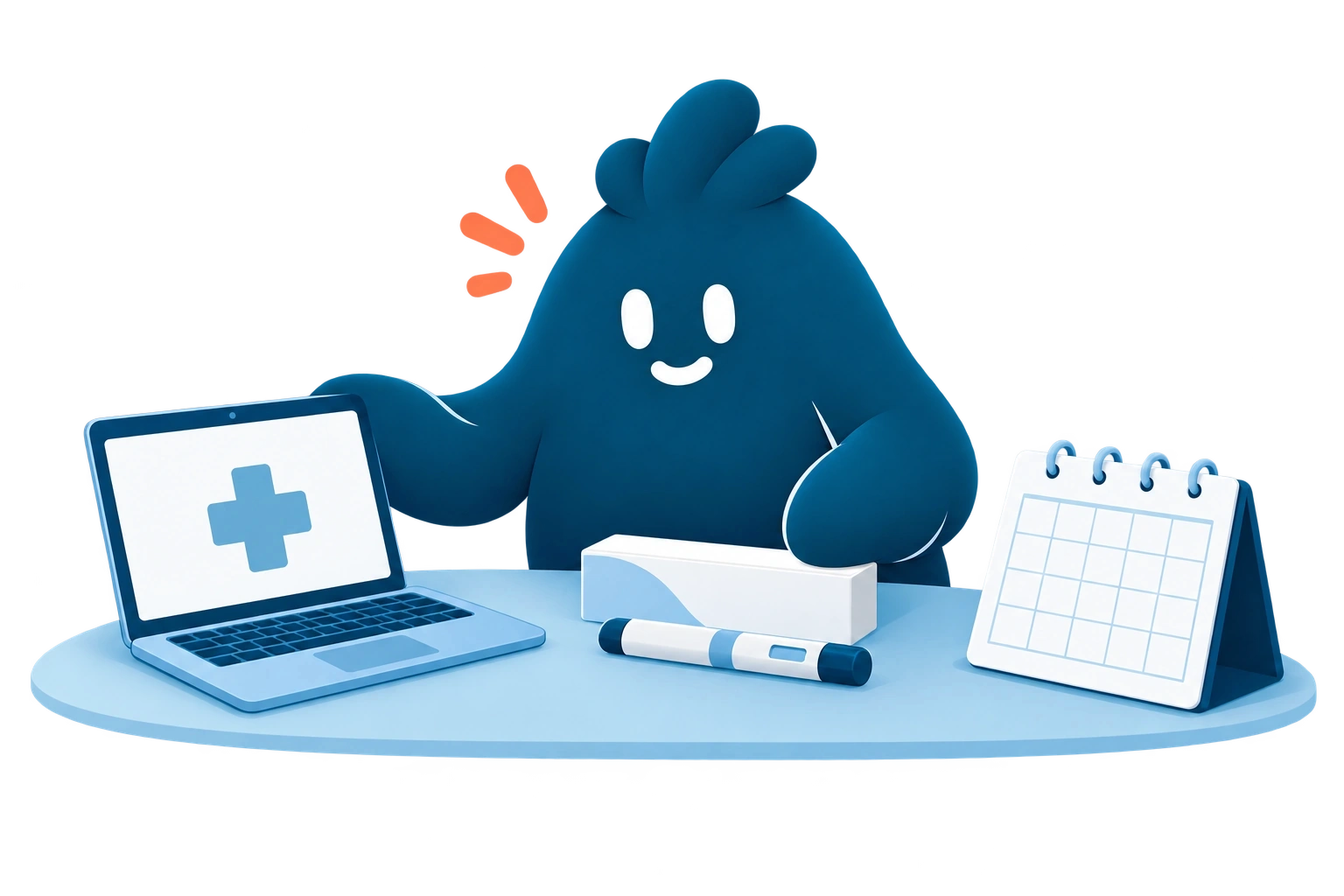 La mascota organiza un portátil para la consulta, una caja con una pluma y un calendario para los controles.
