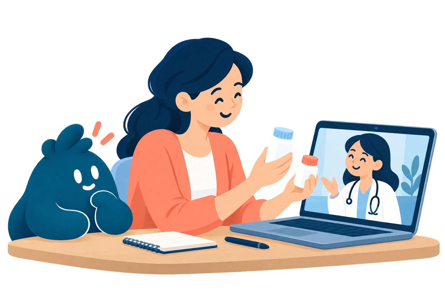 Una mujer muestra sus medicamentos actuales durante una videollamada con una médica ilustrativa, acompañada por la mascota.