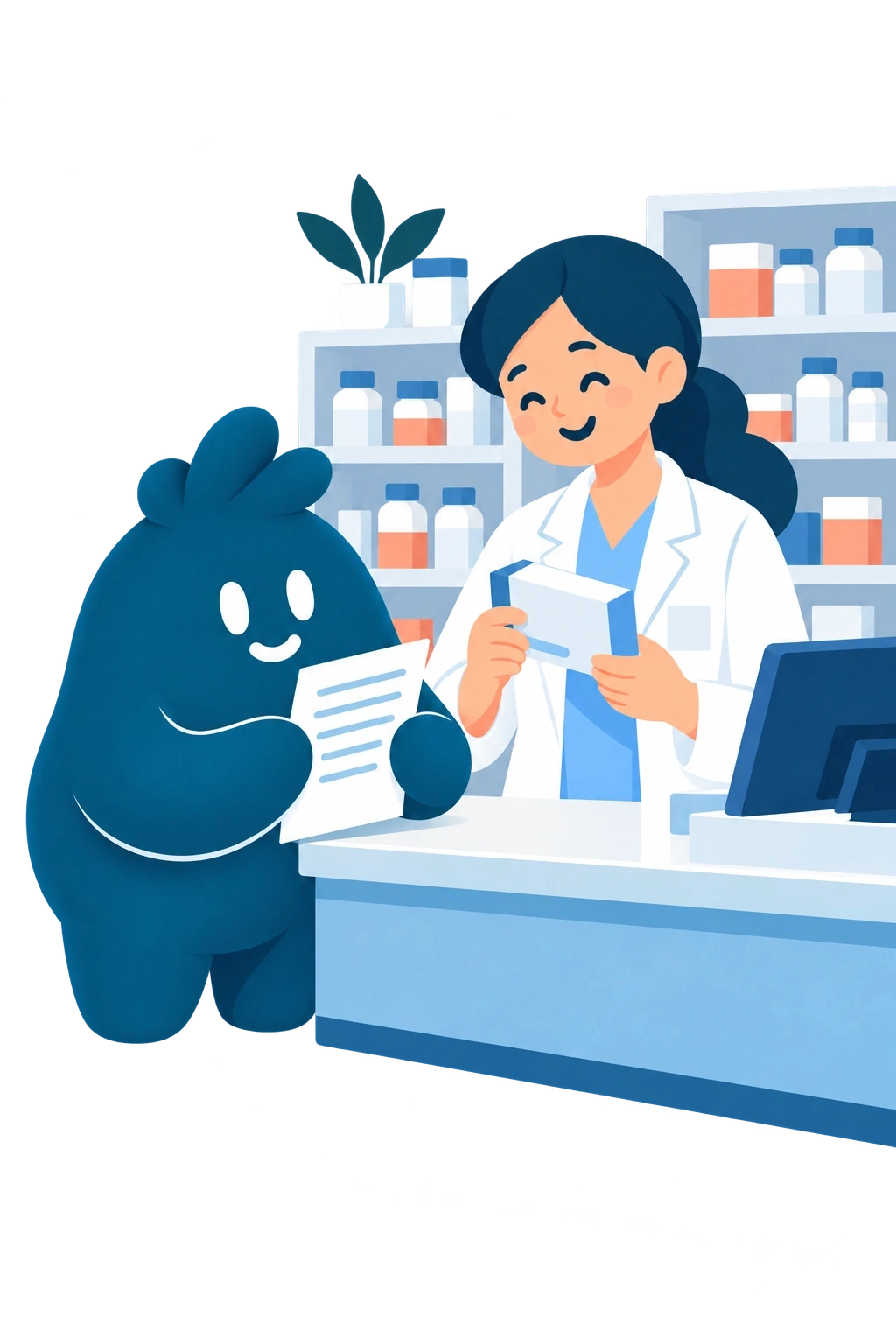 Una profesional de farmacia revisa una caja sellada mientras la mascota presenta un documento médico sin datos.