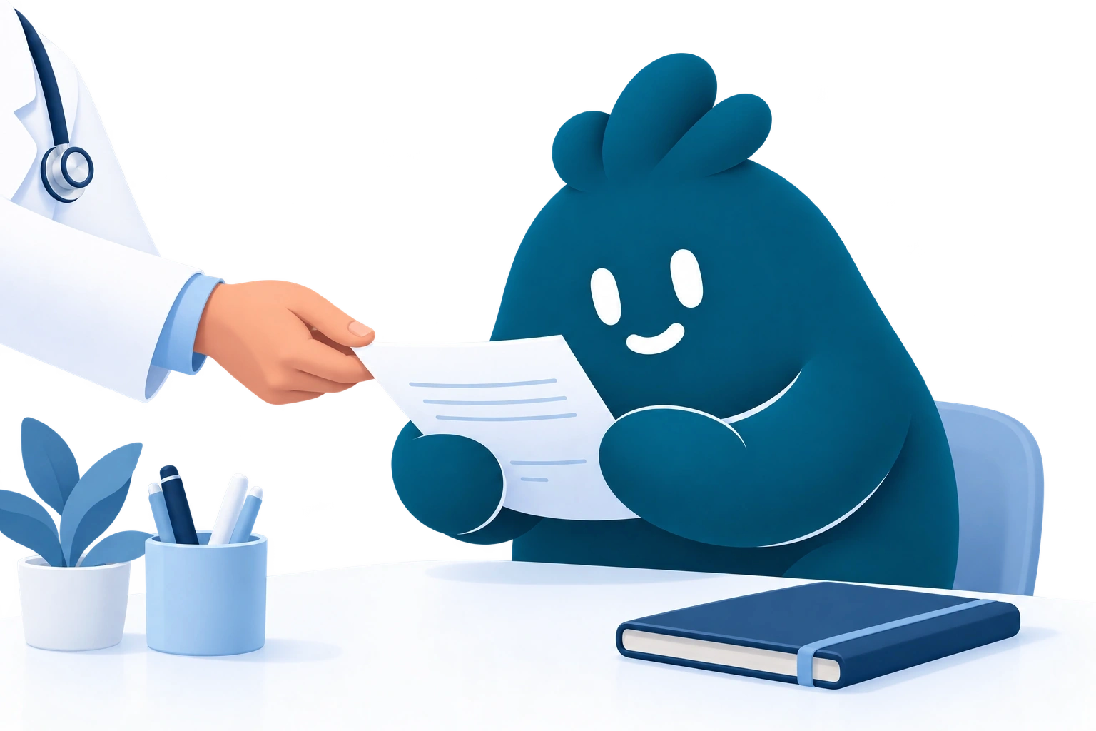 La mascota recibe y lee un documento médico sin datos ni indicaciones visibles.
