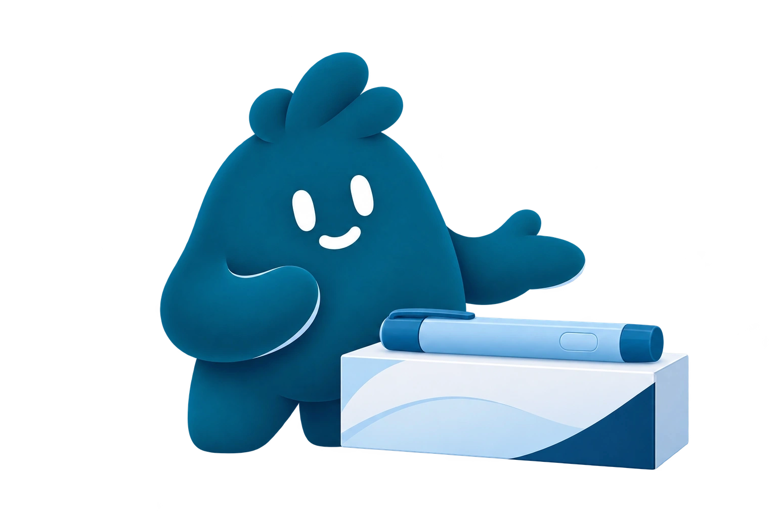 La mascota presenta una pluma genérica cerrada sobre una caja pequeña, sin precios ni marcas.