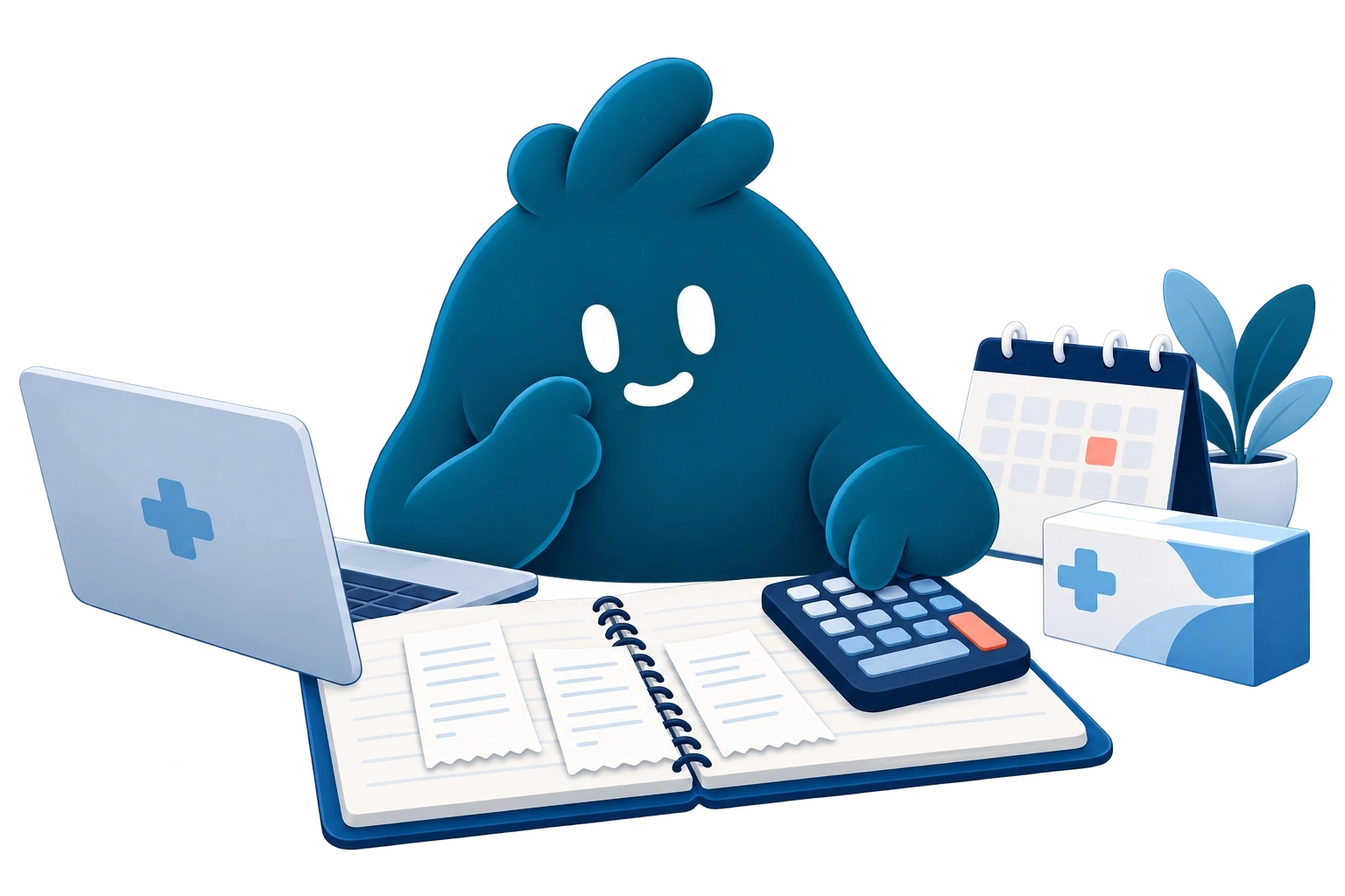 La mascota suma recibos con una calculadora junto a un cuaderno, un calendario y una caja genérica.