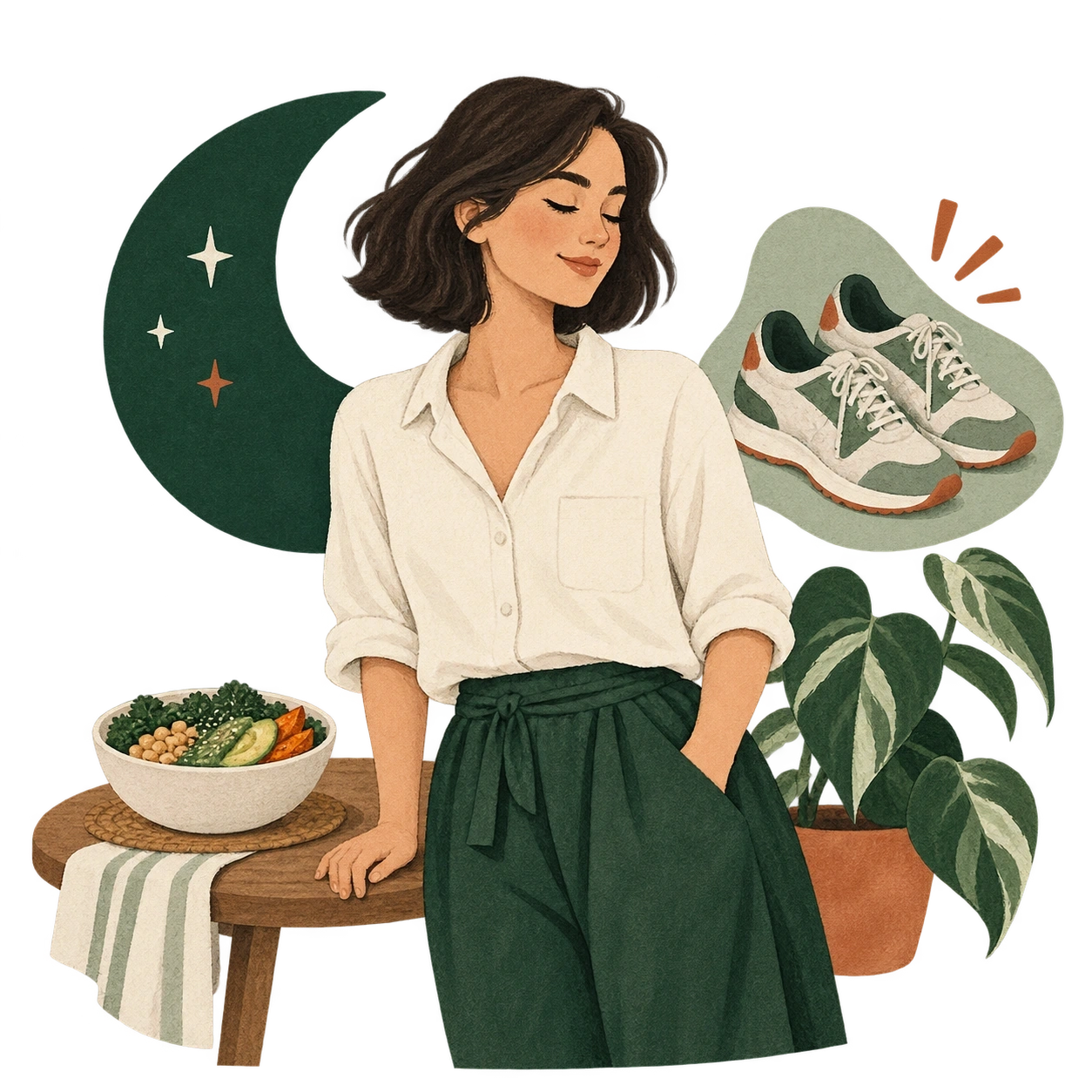 Mujer ilustrada junto a una comida, una luna y unos zapatos, como símbolos de factores cotidianos.