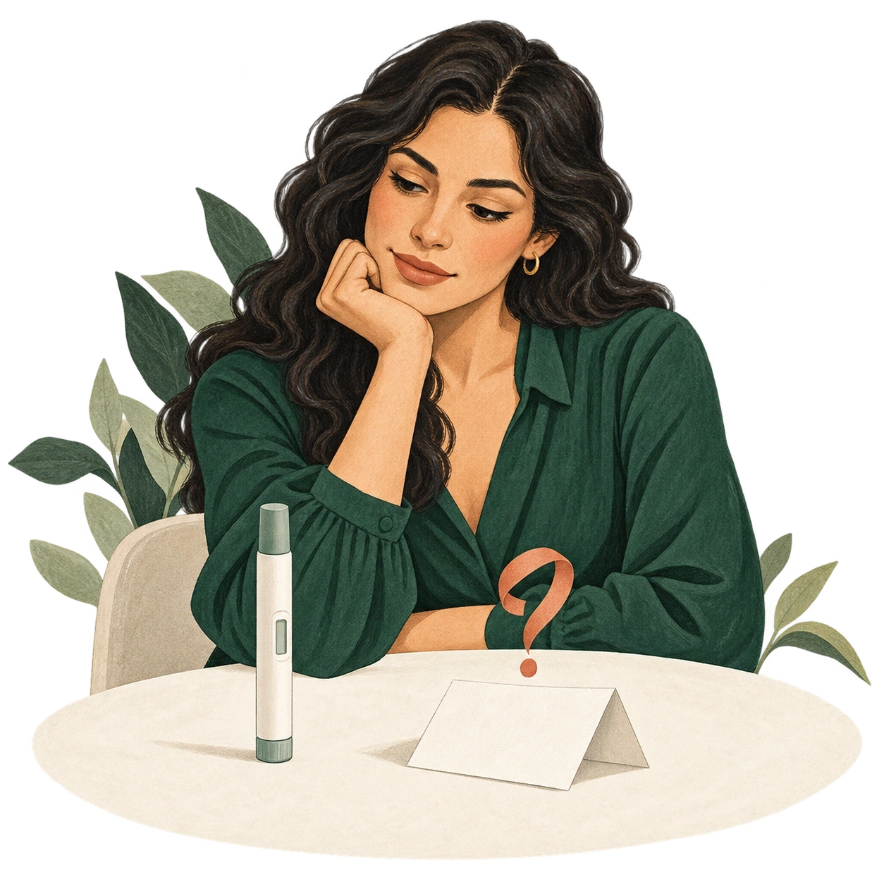 Ilustración de una mujer que observa un dispositivo sin marca y prepara sus preguntas.