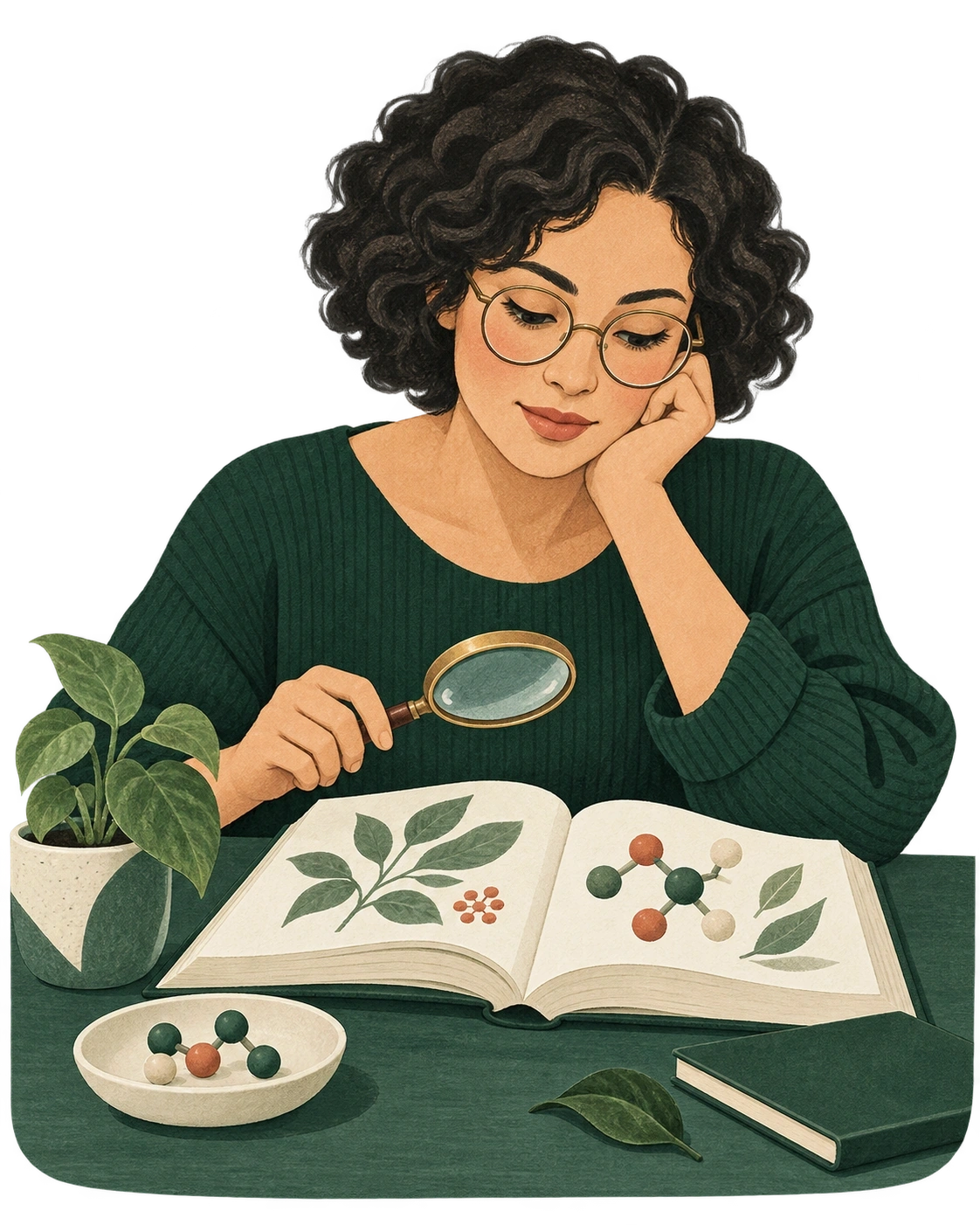 Mujer leyendo un libro de ciencias con una lupa y un modelo simbólico de piezas.