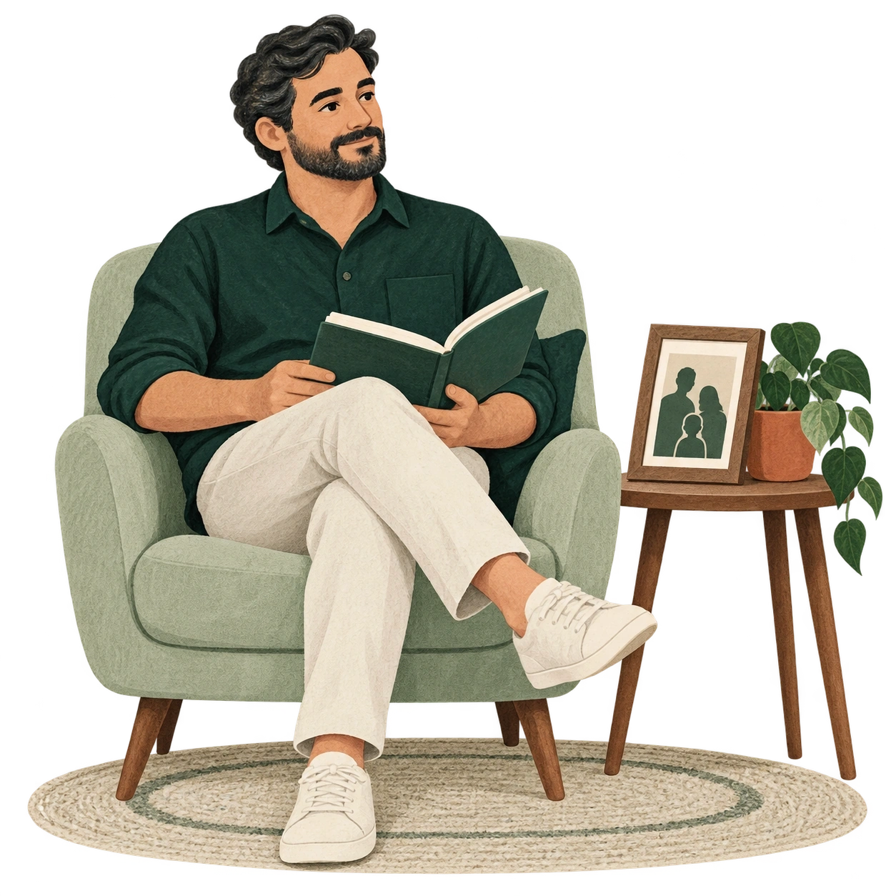 Hombre sentado con un cuaderno y un retrato familiar ilustrado junto a él.