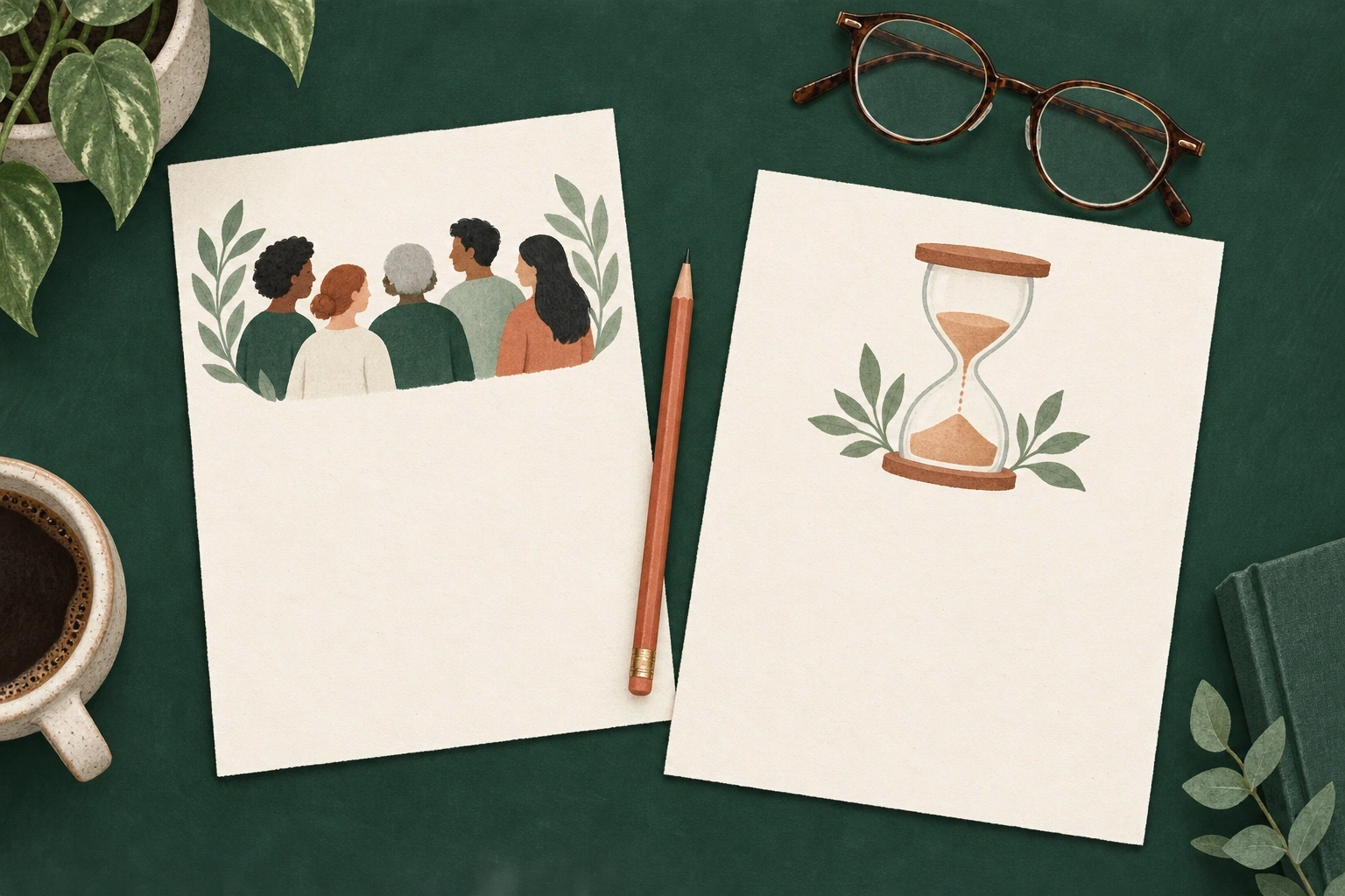 Dos documentos ilustrados: un grupo de personas y un reloj de arena, que representan población y duración.