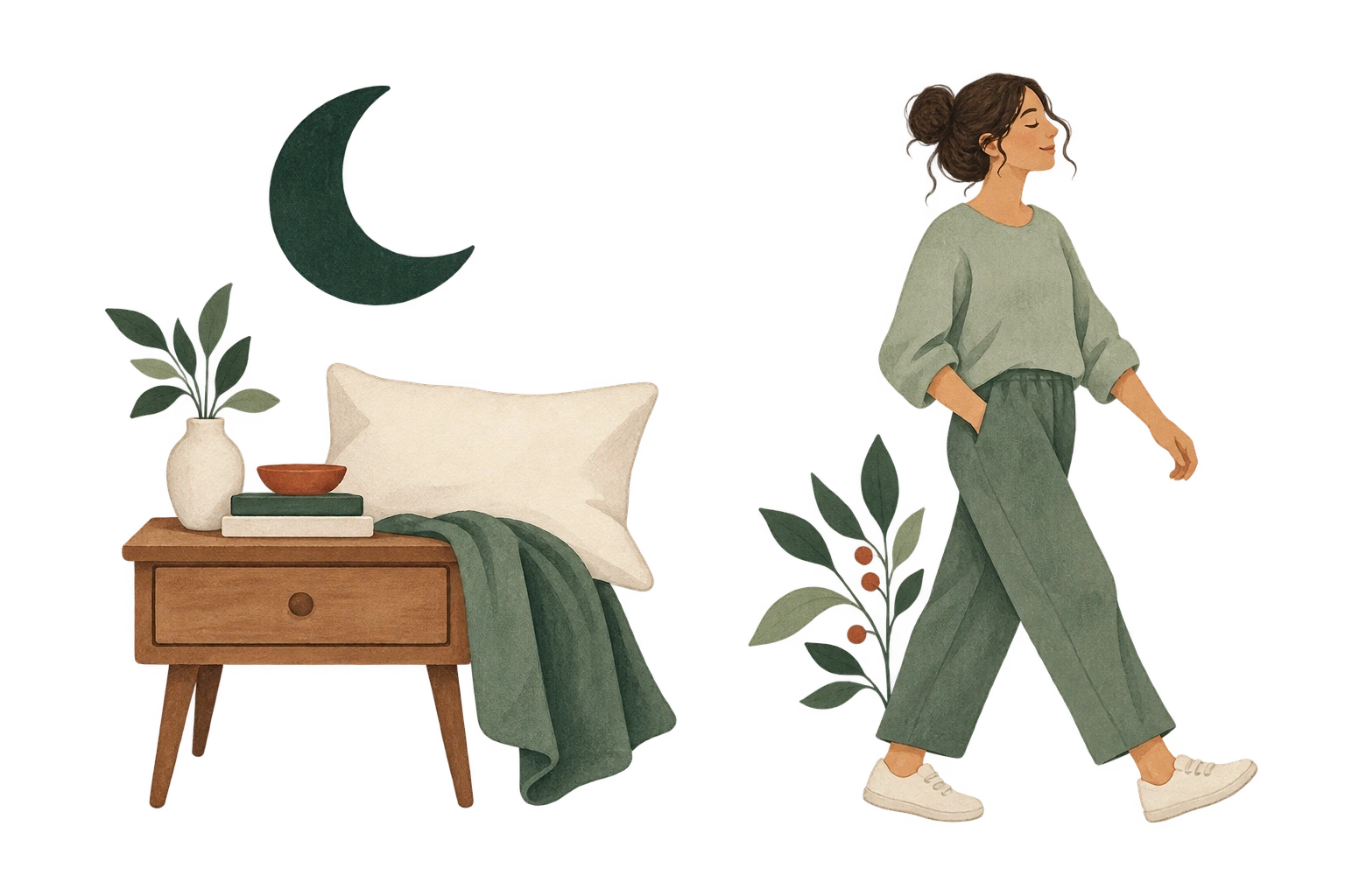 Dos escenas pintadas: una almohada bajo una luna y una persona caminando.