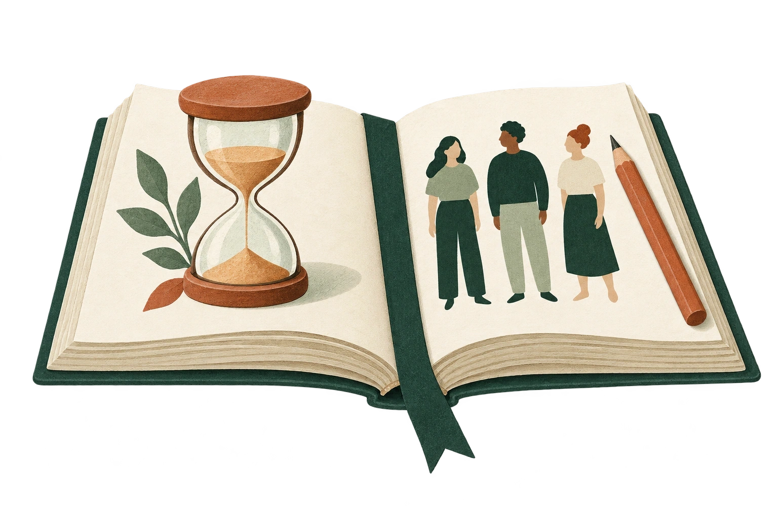 Libro ilustrado con un reloj de arena y tres figuras que representan duración y participantes de un estudio.